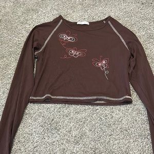 Brown-Long Sleeve-Butterfly print Romwe CropTop. Lightly worn